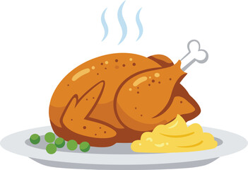 Golden roasted chicken dinner with mashed potatoes and greens vector