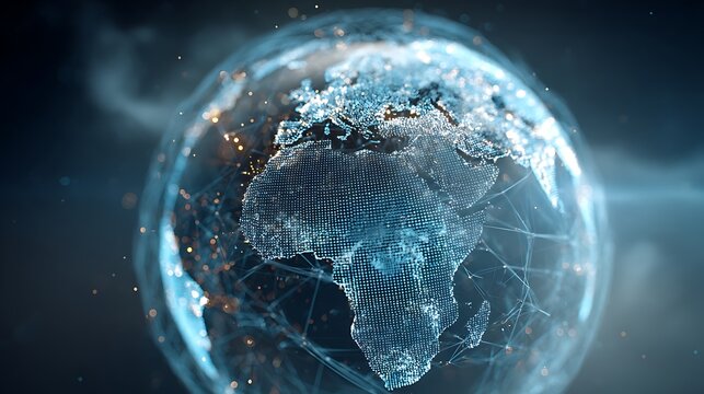 Digital earth globe with africa visible and network connections in a blue atmosphere background