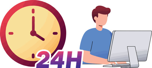 24 hour service man working online computer time clock illustration vector