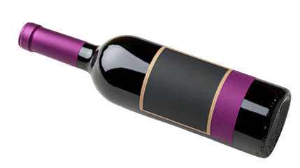 A bottle of red wine with a purple cap isolated on transparent background