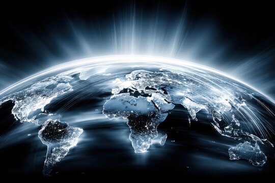 Ethereal Representation of Planet Earth Illuminated by Urban Lights with Dynamic Atmospheric Flow and Global Connectivity Emphasizing Technological Advancement and Environmental Consciousness