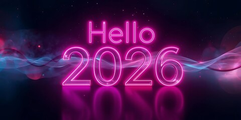 Futuristic Neon "Hello 2026" Sign with Colorful Light Waves