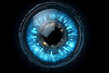 A close up of a futuristic eye with blue light emanating from the iris on a black background
