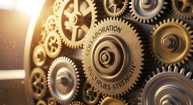 A complex system of interlocking metal gears bathed in golden light. The main gear reads Collaboration Multiplies Strength. Symbolizes teamwork, power, and efficiency.