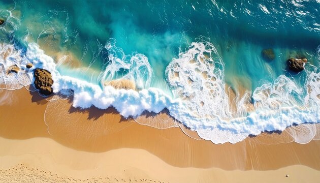 Aerial view of a pristine beach, where turquoise waves meet golden sands and rocks