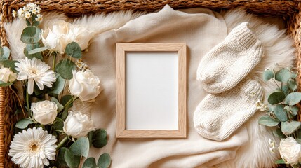 Elegant Mockup Featuring a Wooden Frame, Flowers, and Baby Socks for Nursery or Baby Shower