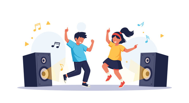 Joyful children dancing to music near speakers.