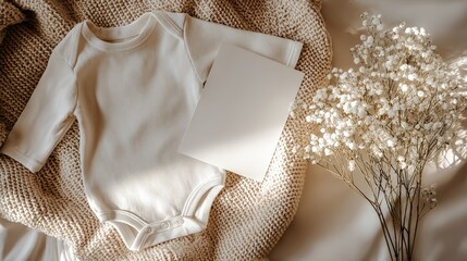 Baby Bodysuit Mockup with Card and Flowers, Perfect for Personalized Announcements and Baby Product Advertising