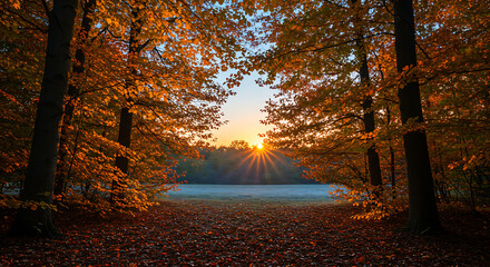 Golden autumn forest path at sunrise with sun rays shining through the trees