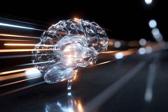 A transparent brain model with glowing lights and streaks of light on a dark background in a studio shot
