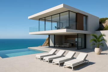 Fototapeta premium Modern minimalist luxury villa with ocean view and infinity pool under clear blue sky, showcasing contemporary architecture and serene outdoor design. Ai generative
