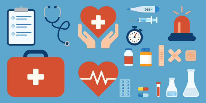 Set of medical elements in flat vector style: case, stethoscope, pills, thermometer, syringe, bandages, flasks, hands holding heart, emergency light, and stopwatch for healthcare design.