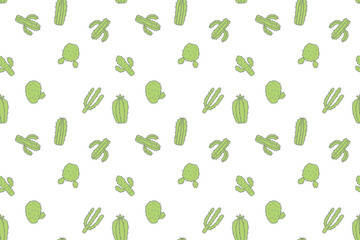 Seamless pattern with green cacti in flat style on isolated white transparent background. Minimal modern botanical design perfect for textiles, wrapping paper, wallpaper, and summer decor.