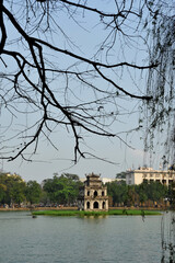 Turtle tower (Thap Rua) in Hoan Kiem lake in Hanoi, Vietnam. It is one of the most iconic, symbolic and most recognizable pieces of architecture representing Hanoi and the entirety of Vietnam.