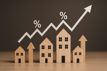 Wooden houses and growth arrows with percentage signs showing rising real estate market values and interest rates on dark background. Ai generative. Ai generative