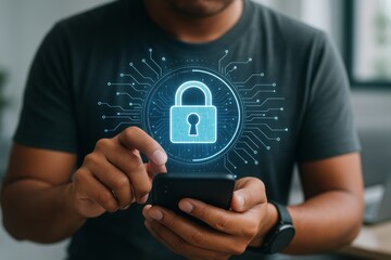 Man using smartphone with digital padlock hologram symbolizing data protection and cybersecurity in a modern technology concept environment. Ai generative