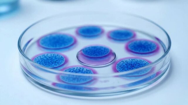 Clear Petri Dish Containing Blue Cellular Growth Circles being Treated with Purple Liquid Dropper Under Bright Lighting on White Background for Virology Scientific Research 185 Char