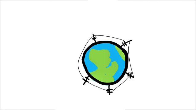 A hand-drawn Earth globe rotates with a surrounding hexagonal framework in simple animation.