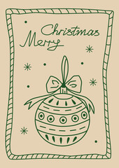 Merry Christmas vector doodle illustration. Holiday greeting card with decorative ball and snow on beige background.