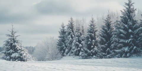 Fototapeta premium Serene Winter Landscape: Snow-Covered Evergreen Trees in a Tranquil Forest Setting, Cold Season Scenery