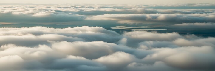 Dramatic Aerial View of White Fluffy Clouds Blanket with Sunlight from Above, clouds in the sky