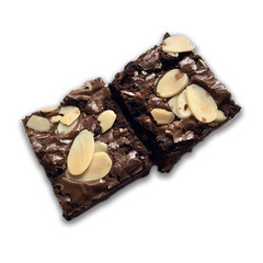 Fudge Almond Brownies, Isolated white background, top view. 