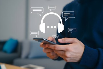  Person Using Smartphone for Online Customer Support or Technical Assistance with Headphone and Chat Icons, businessman holding a mobile phone with social network icons