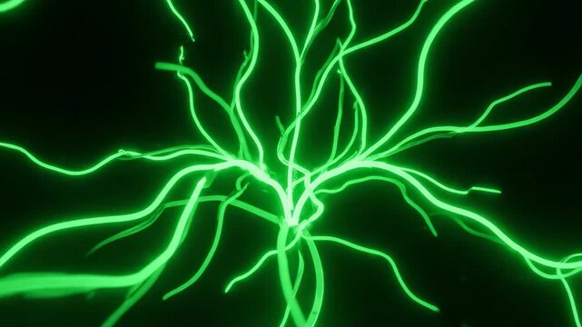 Timelapse of abstract neon tendrils growing and intertwining, forming a luminous, organic green network roots, technology, tendrils growing