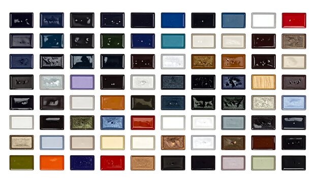 Grid of 70 rectangular samples, glossy varied colors, cool blues, warm browns, stark whites on a white background - Powered by Adobe