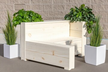 This innovative wooden seating structure combines minimalist design with integrated foliage creating a stunning outdoor aesthetic that enhances urban and residential spaces