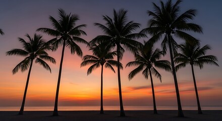 Obraz premium Tropical Sunset Silhouette - Palm Trees Against a Vibrant Sky.