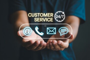 social network concept, Businessman Holding Customer Service Contact Icons: Email, Phone, Chat, and 24/7 Support