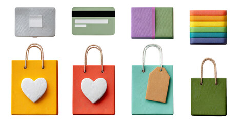 Colorful Shopping Bags and Accessories with Heart Shape and Credit Cards on Transparent Background