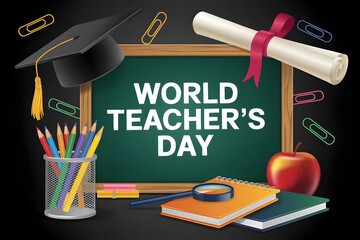 World Teacher's Day Concept with Chalkboard, Graduation Cap, Diploma, and School Supplies
