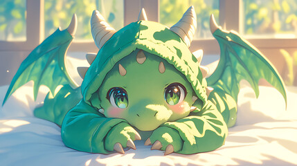 Anime kawaii dragon child wearing onesie costume