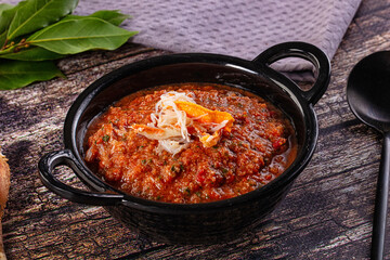 Tomato gazpacho soup with crab