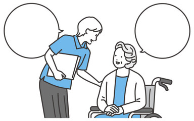 介護士と会話をするシニア女性のイラスト