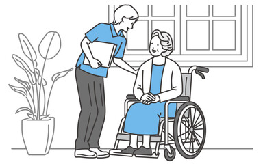 介護士と会話をするシニア女性のイラスト