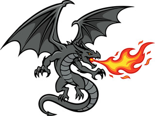 Black Dragon Breathing Fire Vector Illustration – Dark Mythical Creature, Fantasy Mascot