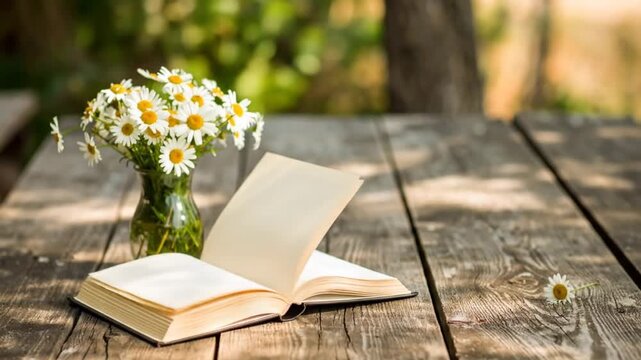 An open book beside a vase of daisies rests on a sunlit, weathered wooden table
