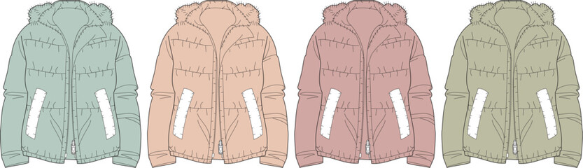 A collection of four stylish puffer jacket flat technical sketches, showcasing contemporary outerwear designs in diverse pastel colorways, ideal for fashion apparel development and merchandising