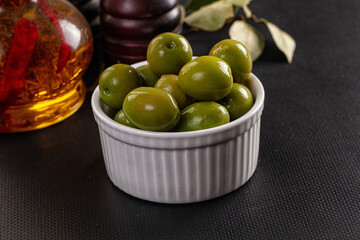 Marinated pickled green olives snack