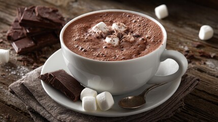 Fototapeta premium Delicious Hot Chocolate with Marshmallows and Chocolate Chunks on a Rustic Wooden Surface