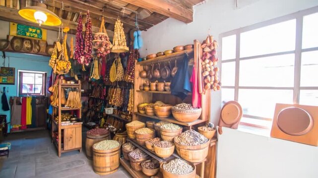 Interior shop with wooden shelves. Spices, dried goods, and kitchenware are displayed. Traditional decor