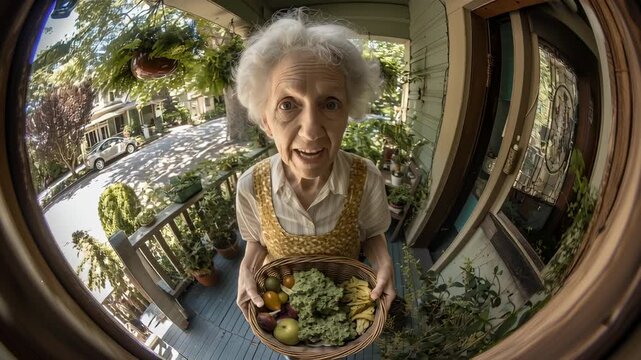 Elderly woman seen through a peephole holding a bowl of fresh vegetables at the door, symbolizing kindness, healthy food and human connection concept