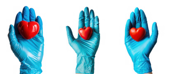 Three blue gloved hands holding red heart symbols isolated on transparent background