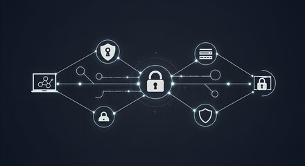 Digital security network concept with padlock and connected icons