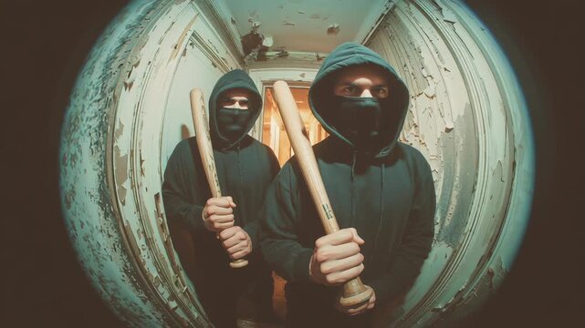 Two masked criminals with bats seen through a door peephole, symbolizing danger, home invasion, fear and security threat concept