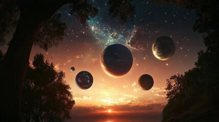 Stunning cosmic scene with planets set against a colorful sunset in a tranquil landscape. Explore the beauty of the universe!