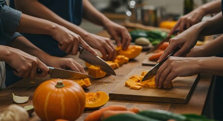 Fototapeta premium Hands chopping vegetables on wooden board preparing healthy meal indoors